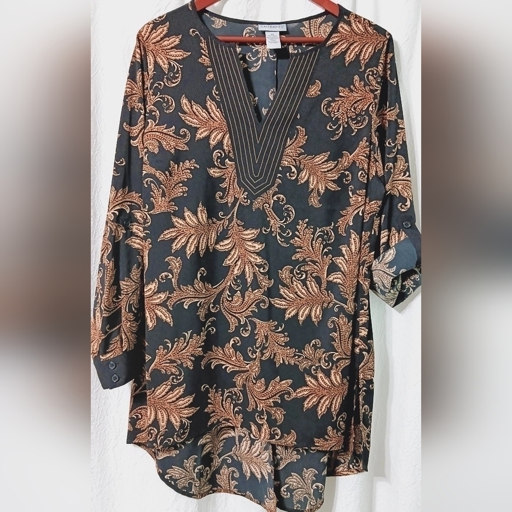 Catherines Women's Paisley V-Neck Long Sleeve Tunic Blouse Gold Black Size 0X